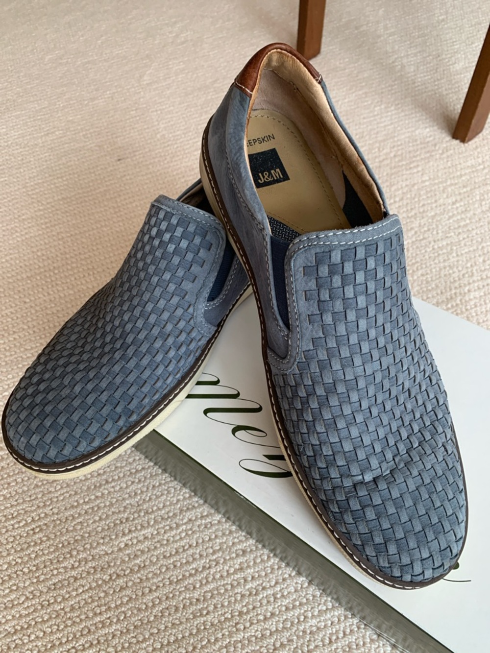J&M Men’s Blue Woven Slip-On Loafers with Brown Trim